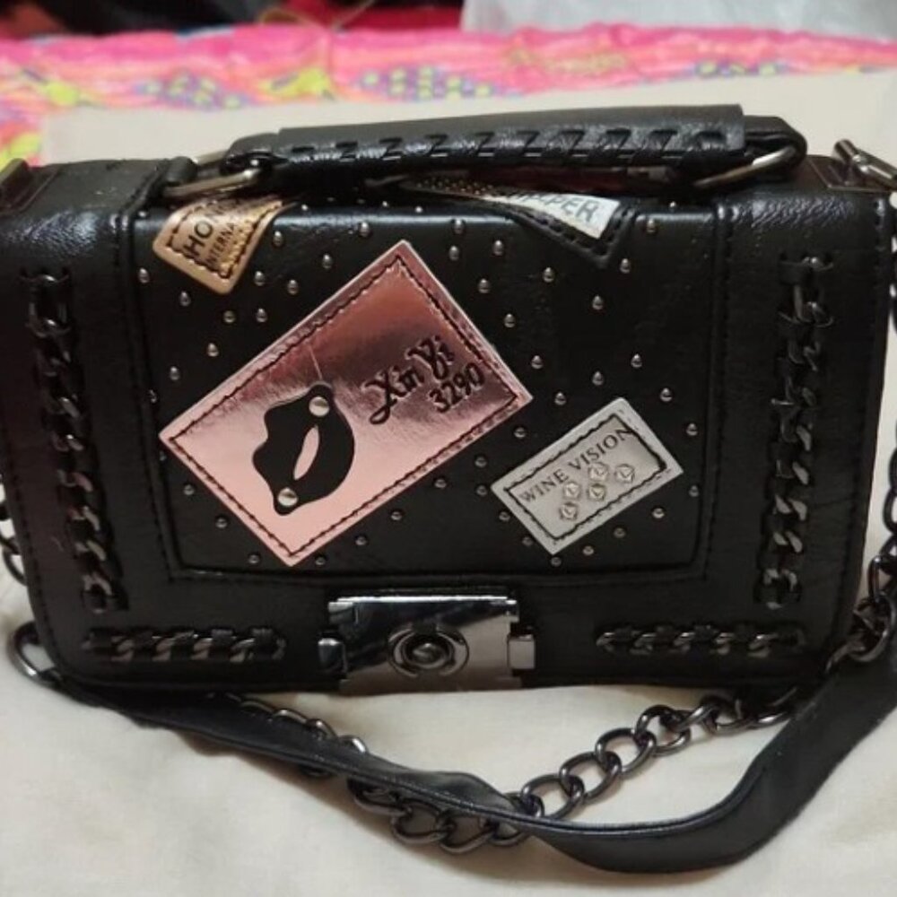 Black Studded Crossbody Bag with Patch Accents